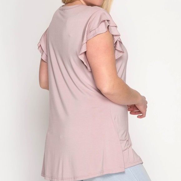 PLUS--Ruffled Short Sleeve Round Neck Knit Top - Picture 2 of 7